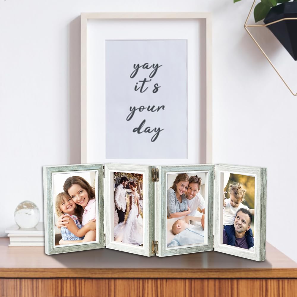 POILKMNI 4-Panel Hinged Picture Frame Rustic Wood 5x7 Grey