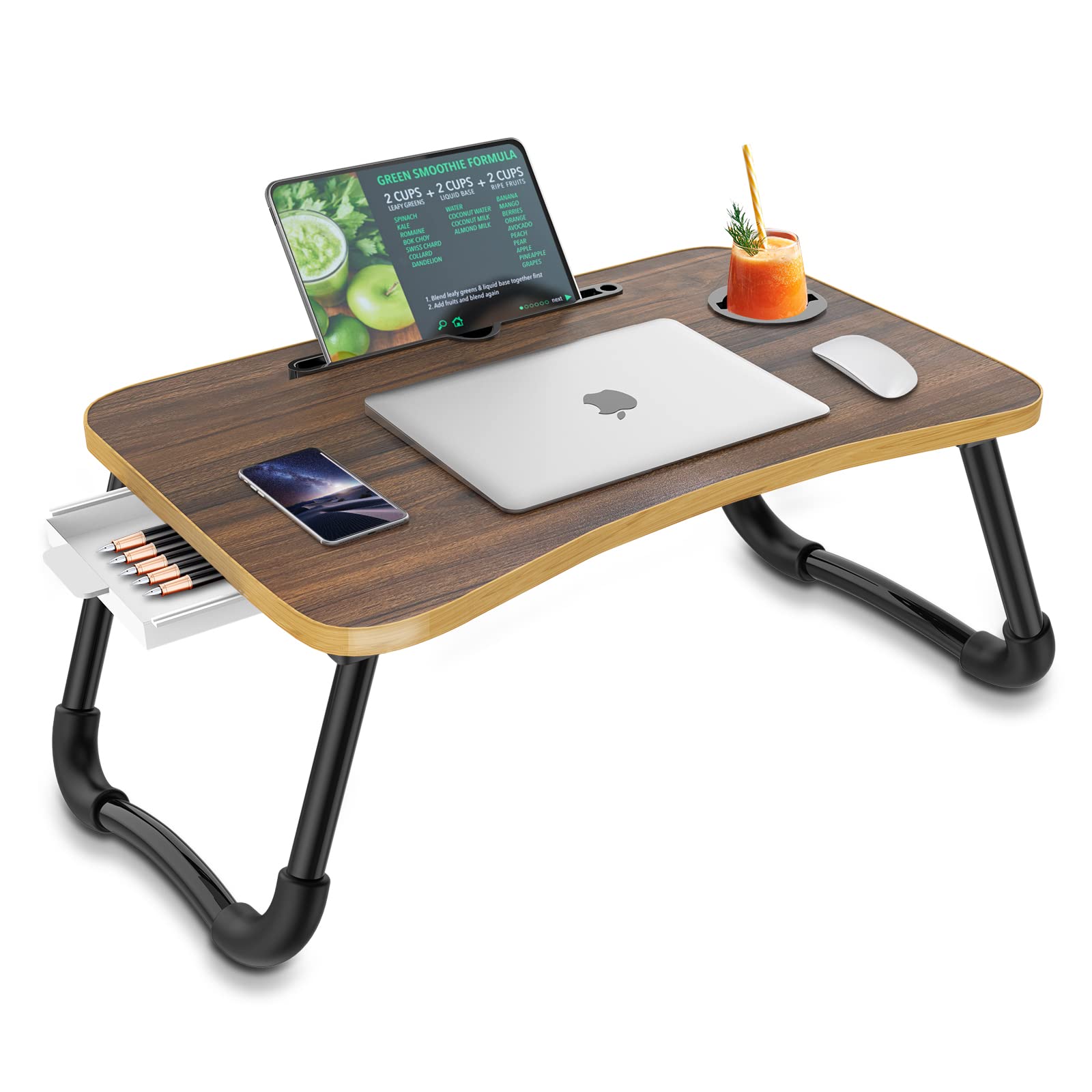 Zapuno Foldable Laptop Bed Table Multi-Function Lap Bed Tray Table With Storage Drawer And Water Bottle Holder, Serving Tray Din