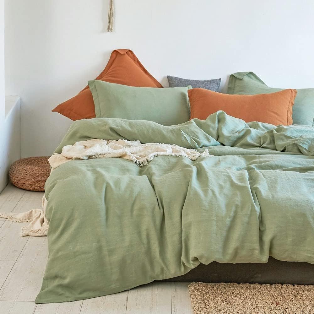 Simple&Opulence 100% Linen Duvet Cover Set 3Pcs Natural French Basic Style Washed Flax Solid Color Breathable Soft Farmhouse Bed