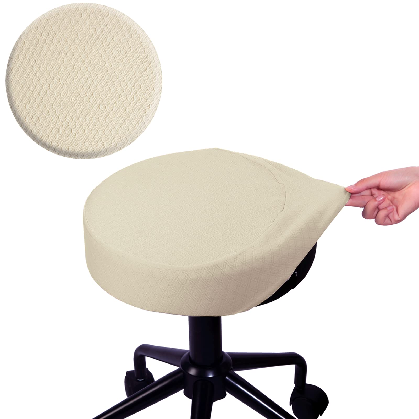 Buyue Bar Stool Covers, Luxury Fabric Dia.14-16' Round Crease-Resistant Stretchy Washable Jacquard Dustproof Stool Seat Slipcover, M-Beige-1 Count