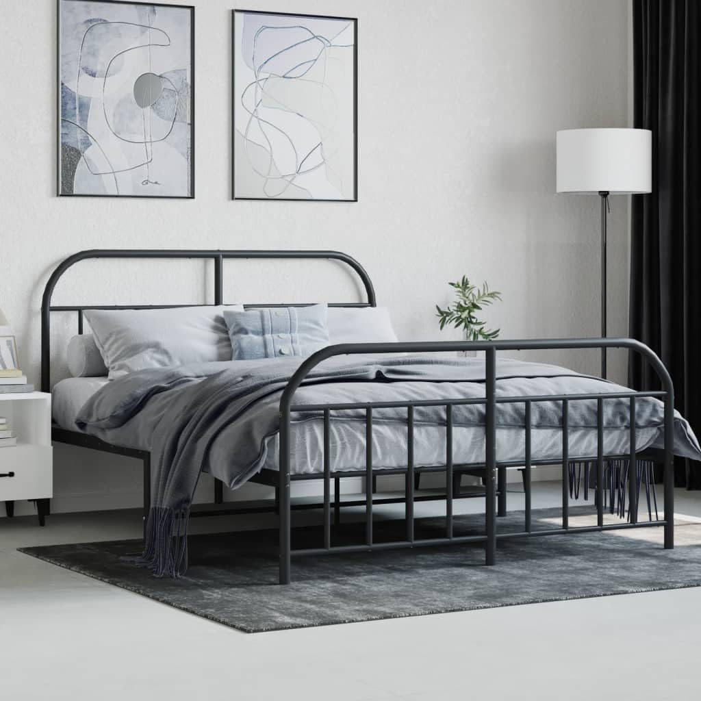 vidaXL Black Double Bed Frame - Powder-Coated Steel Metal Construction with Headboard and Footboard, Bed Base with Metal Slats and Center Legs.
