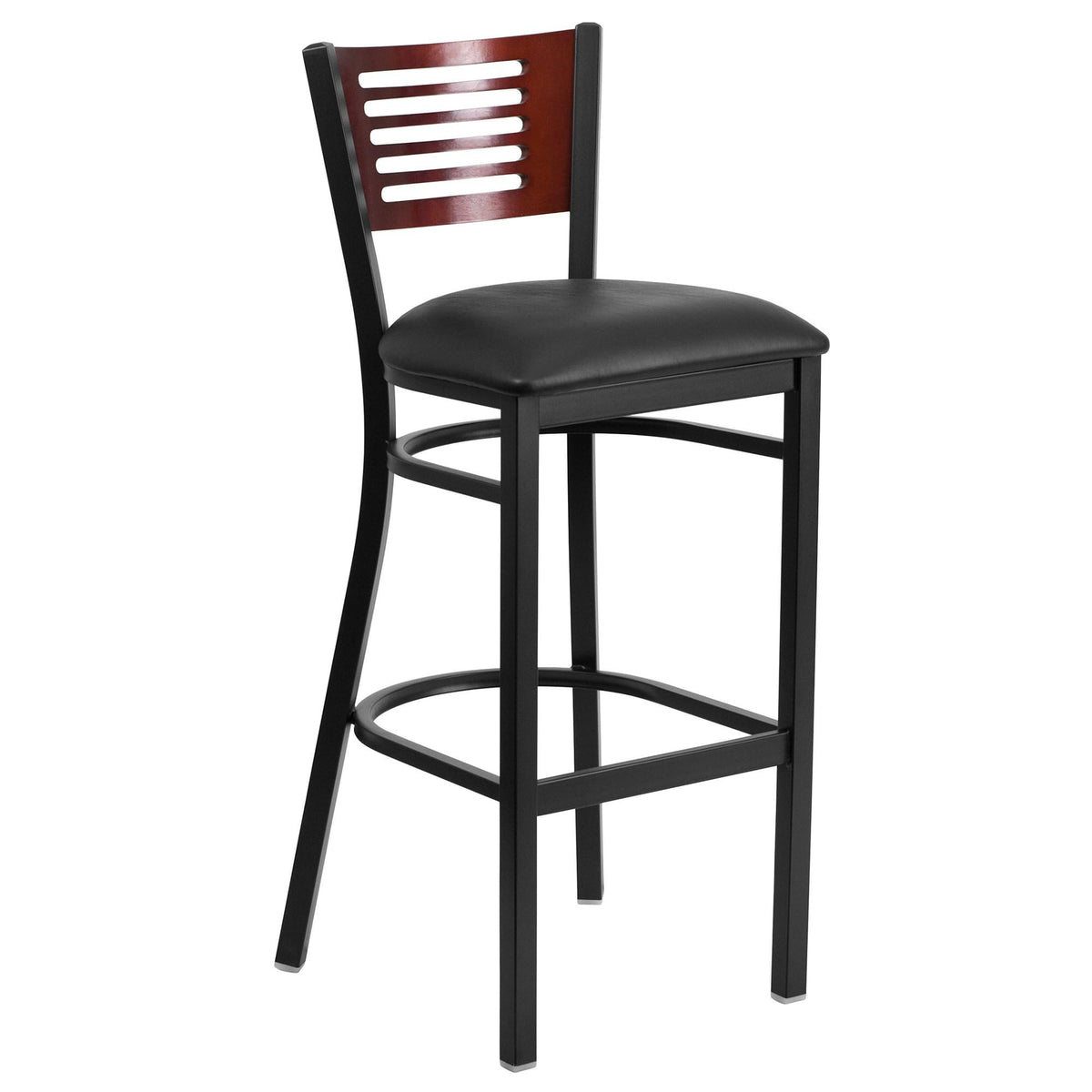 Flash Furniture Hercules Series Black Slat Back Metal Restaurant Barstool - Mahogany Wood Back, Black Vinyl Seat