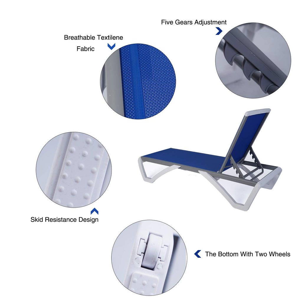 Kozyard Alan Full Flat Alumium And Polypropylene Resin Legs Patio Reclinging Adustable Chaise Lounge With Sunbathing Textilence, 5 Adjustable Position (Blue Textilence W/O Table)