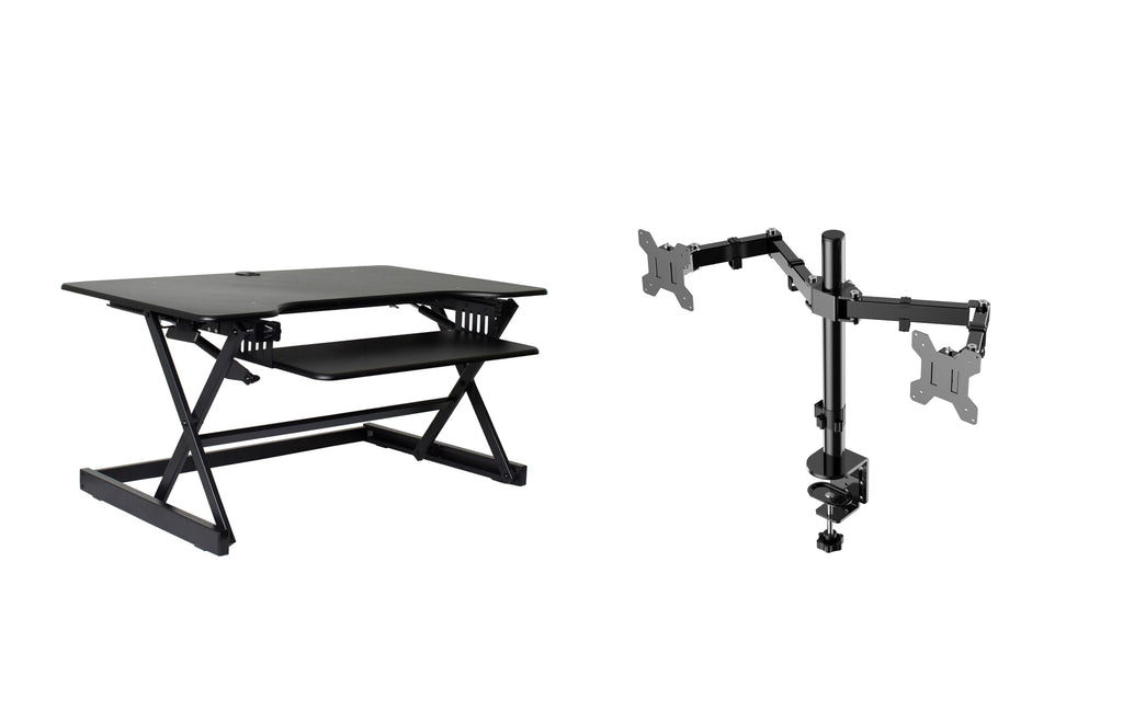 Rocelco 40" Large Height Adjustable Standing Desk Converter with Dual Monitor Mount BUNDLE - Quick Sit Stand Up Computer Workstation Riser - Retractable Keyboard Tray - Black (R DADRB-40-DM2)