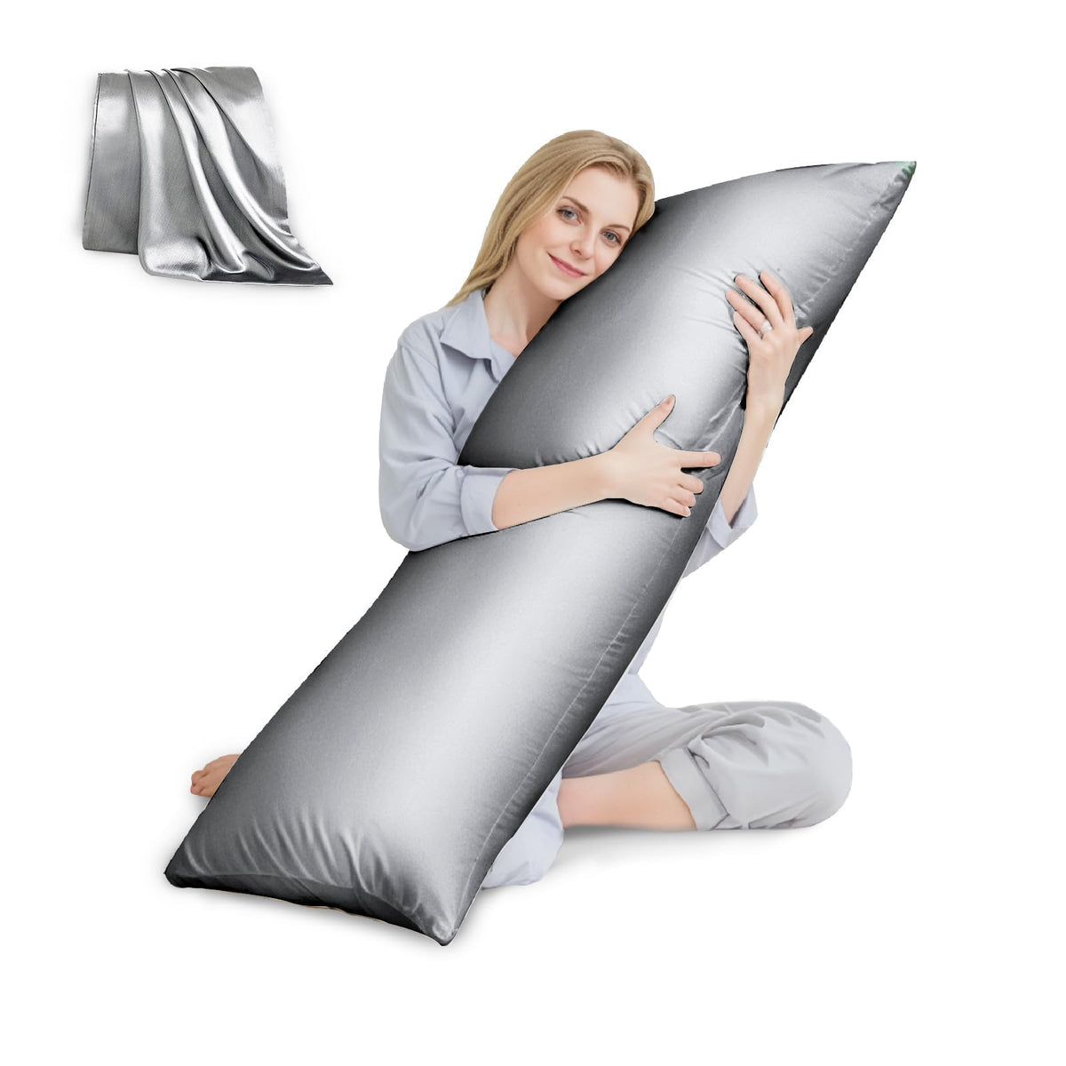 Huxmeyson Body Pillow With Satin Pillowcase, Cooling Body Pillows For Adults, Long Pillow For Bed With Removable Cover, Silver G
