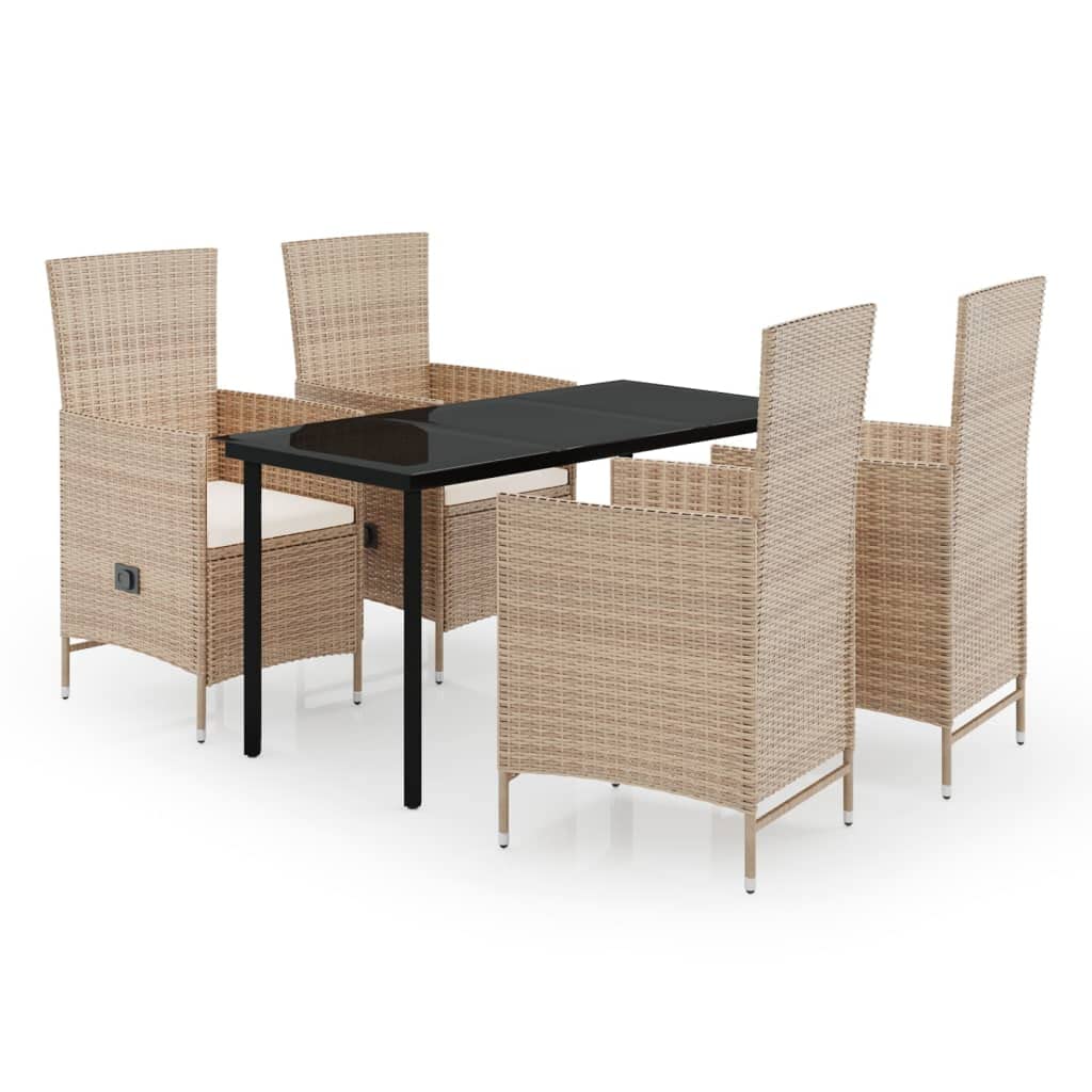 vidaXL 7-Piece Patio Dining Set with Cushions- Outdoor Relaxing and Dining Furniture with Reclining Chairs, Glass Tabletop, PE Rattan and Steel Frame - Beige and Black