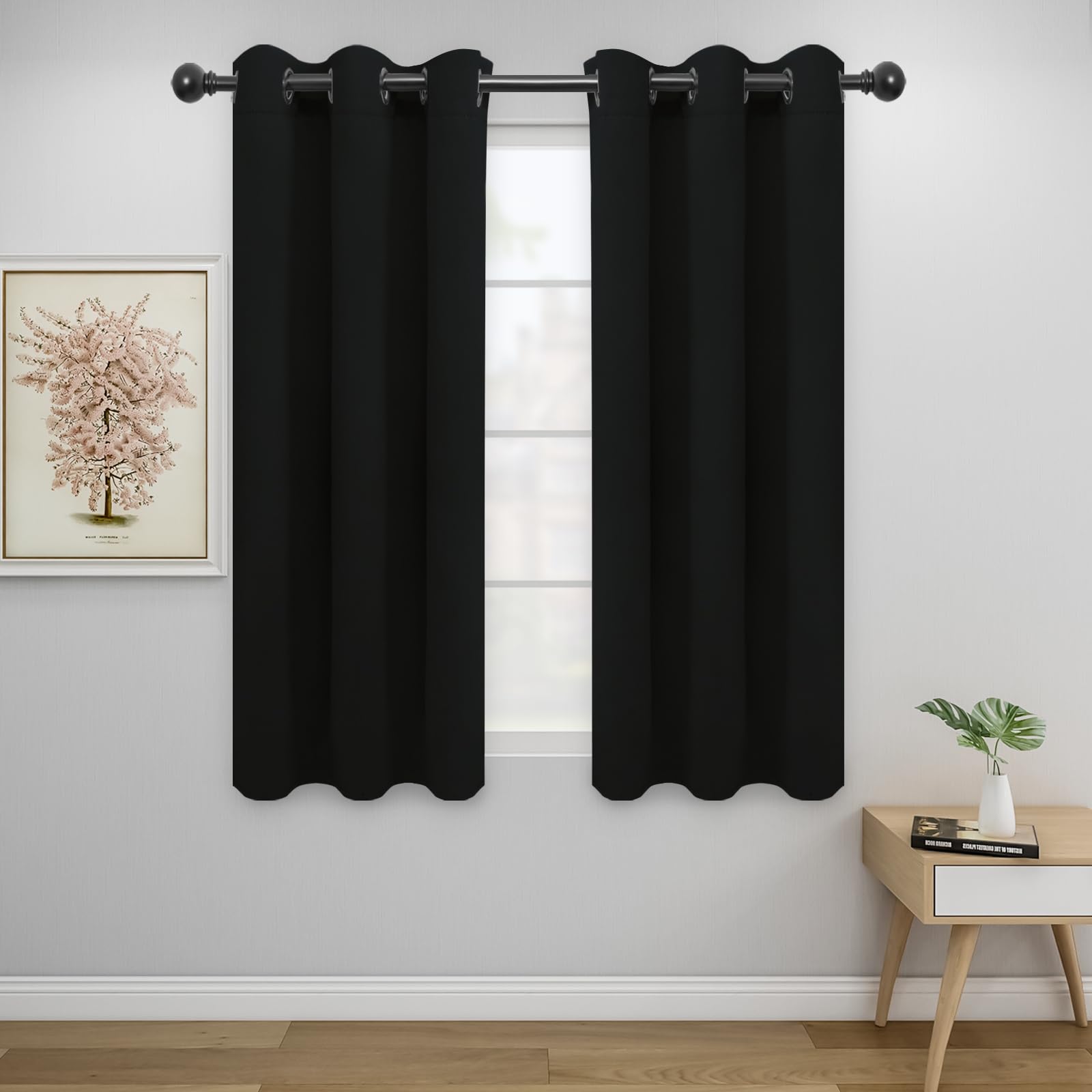 Easy-Going Blackout Curtains For Bedroom, Solid Thermal Insulated Grommet And Noise Reduction Window Drapes, Room Darkening Curtains For Living Room, 2 Panels (34X54 In, Black)