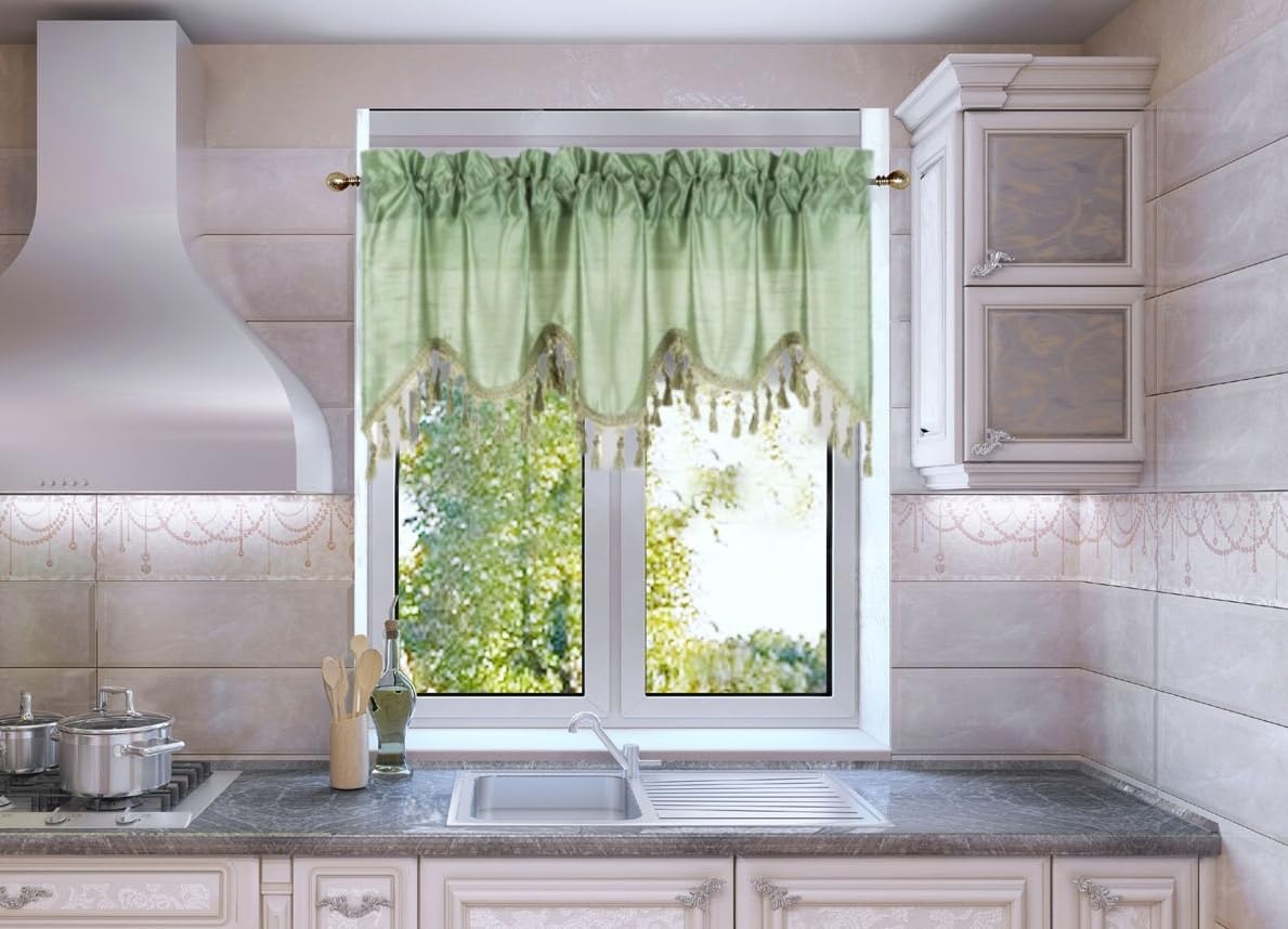 Solid Faux Silk Swag Waterfall Cascade Ascot Window Curtain Valance W/Tassels Trim 55' X18' Wave (1, Sage Green)
