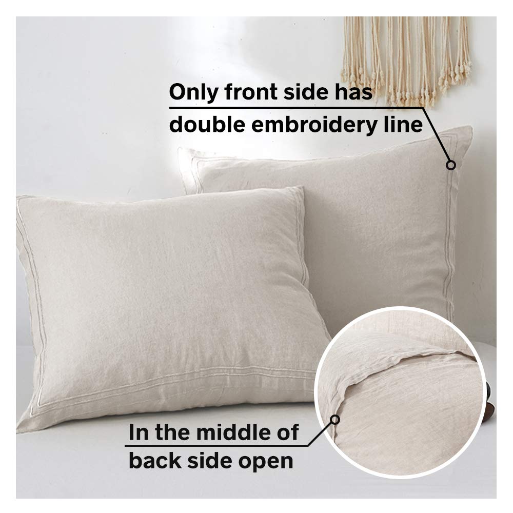 Simple&Opulence 100% French Linen Euro Shams With Embroidery (26'' X 26'') - Pack Of 2 - Pre Washed Solid Color Natural Flax Soft Breathable - Linen
