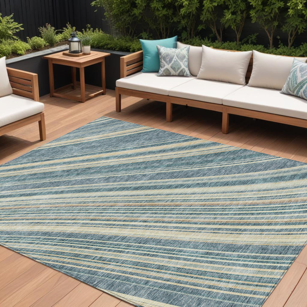 10 X 14 Sky Blue Beige And Tan Striped Washable Indoor Outdoor Area Rug