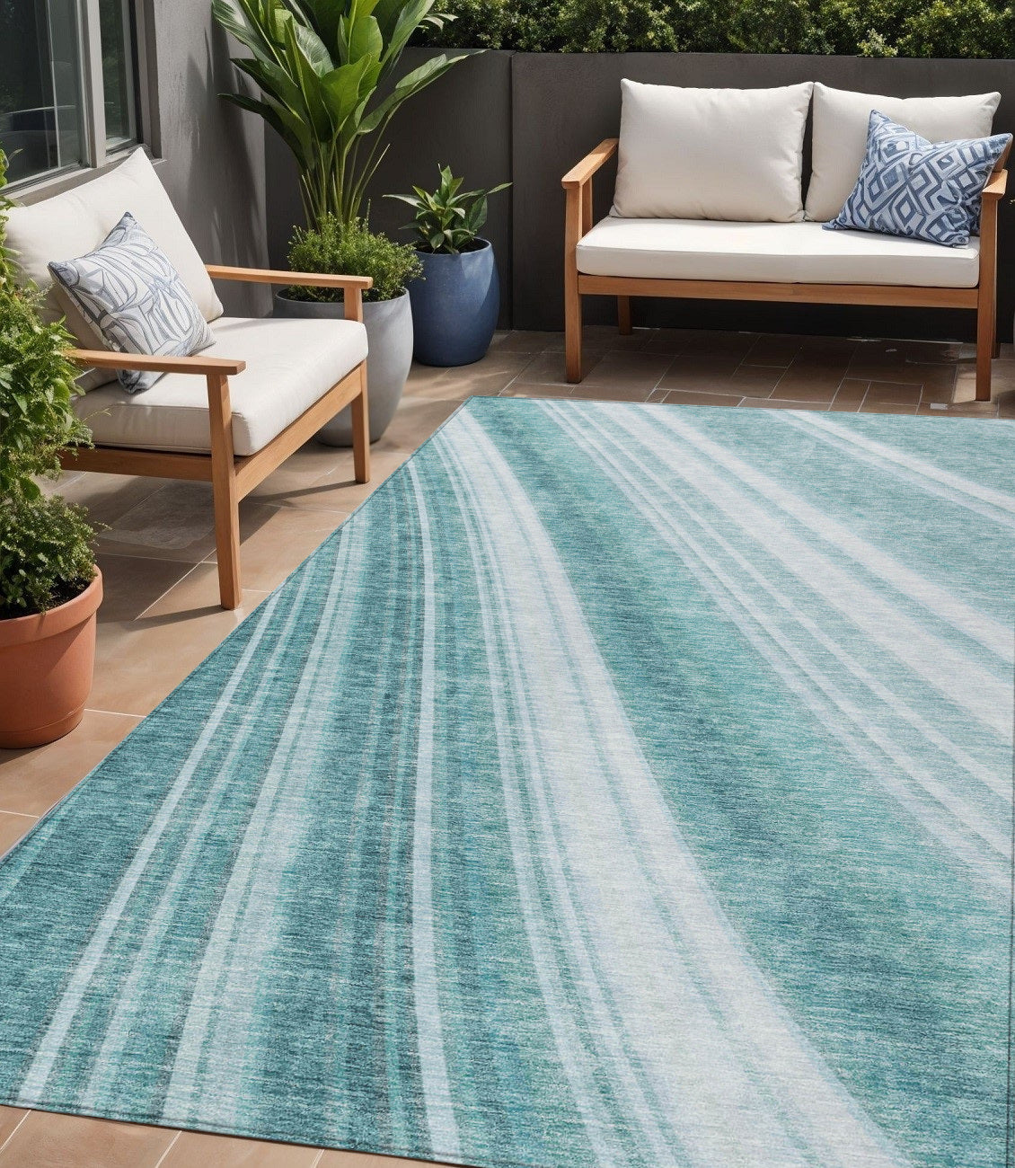 5 X 8 Teal Blue Turquoise And Aqua Striped Washable Indoor Outdoor Area Rug