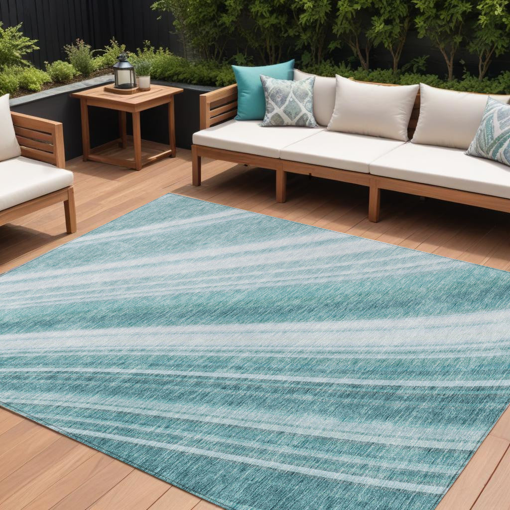 10 X 14 Teal Blue Turquoise And Aqua Striped Washable Indoor Outdoor Area Rug