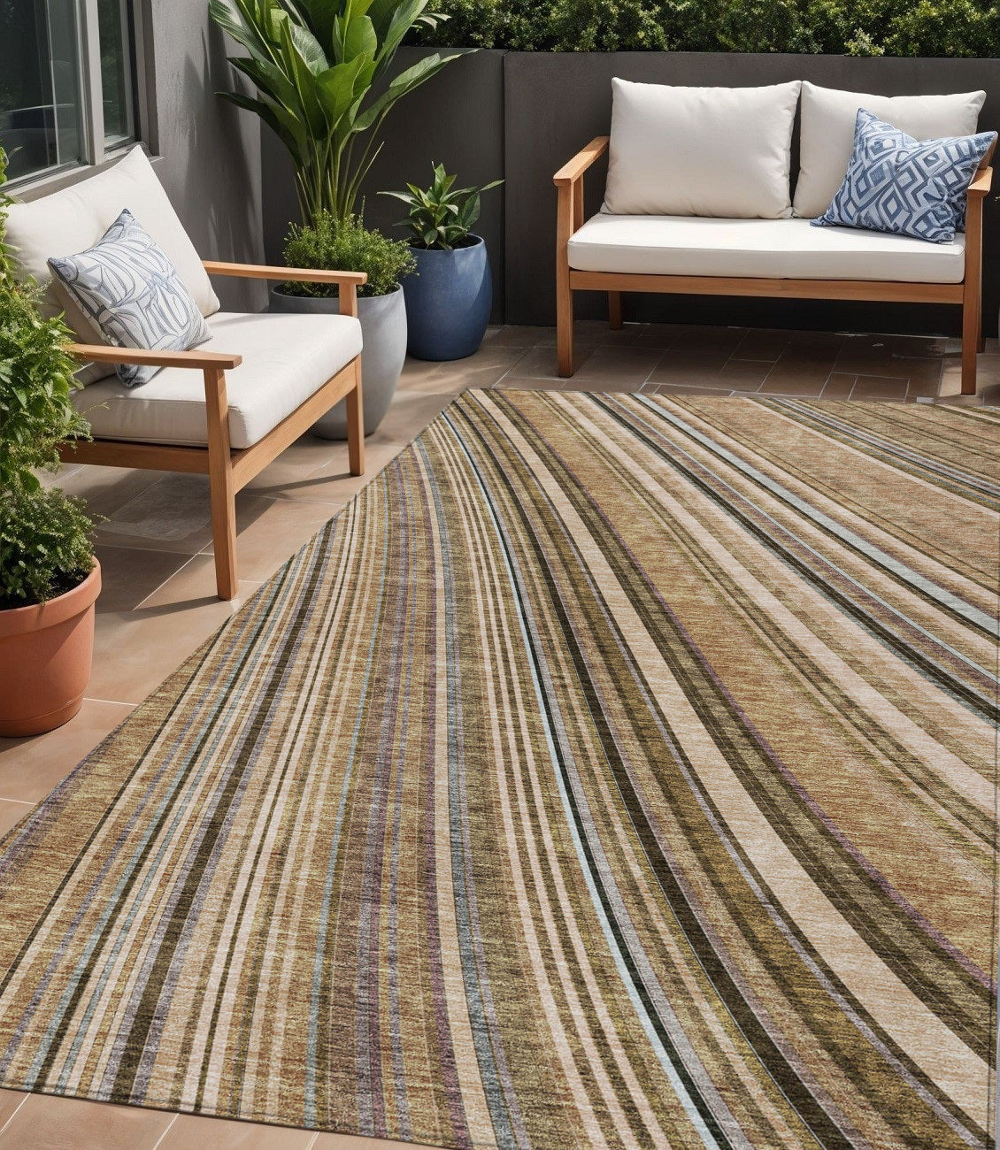 5 X 8 Taupe Beige And Brown Striped Washable Indoor Outdoor Area Rug