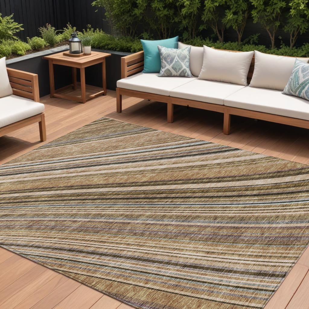 9 X 12 Taupe Beige And Brown Striped Washable Indoor Outdoor Area Rug
