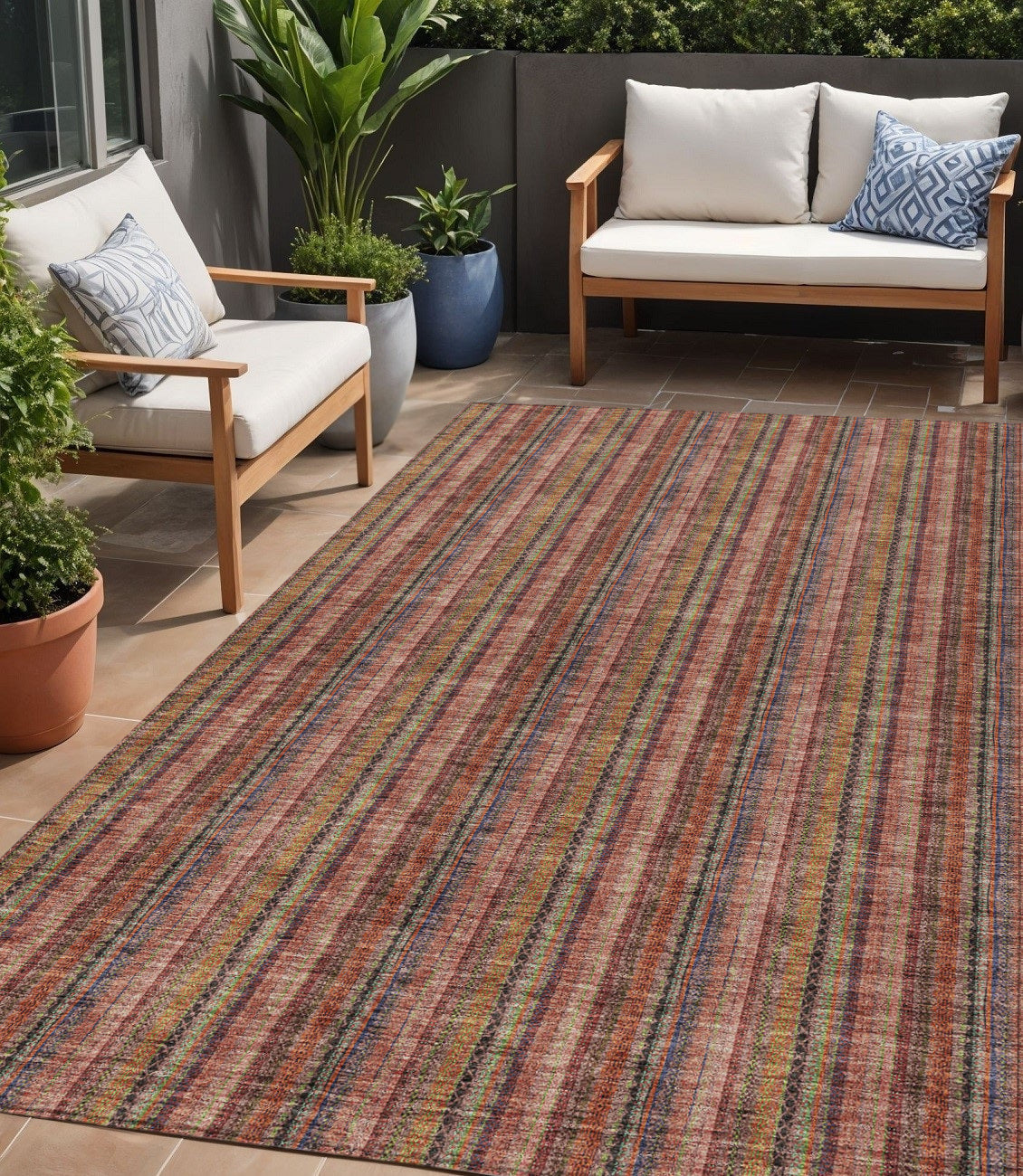 5 X 8 Blush Burgundy And Pink Striped Washable Indoor Outdoor Area Rug