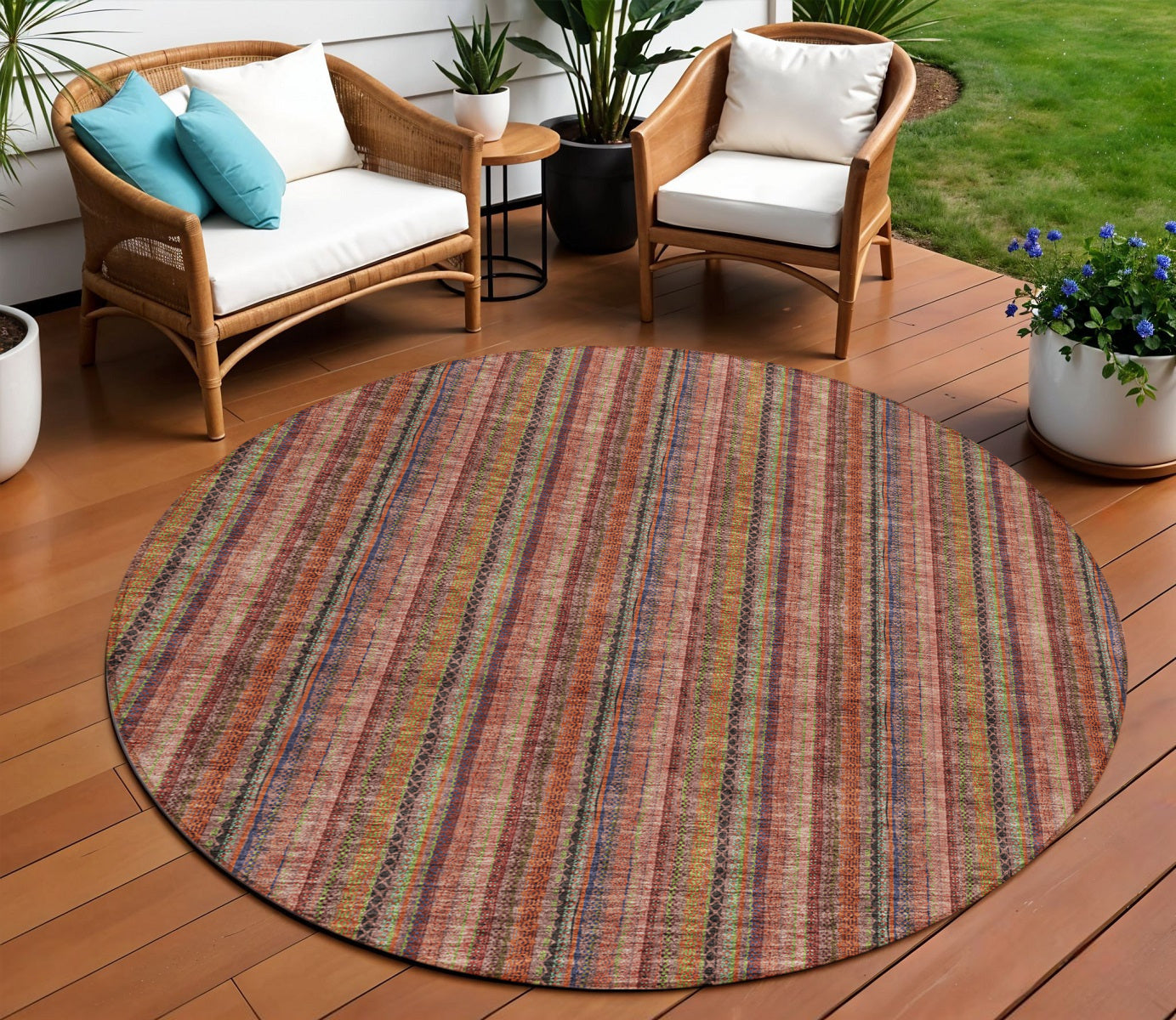 8 Blush Burgundy And Pink Round Striped Washable Indoor Outdoor Area Rug