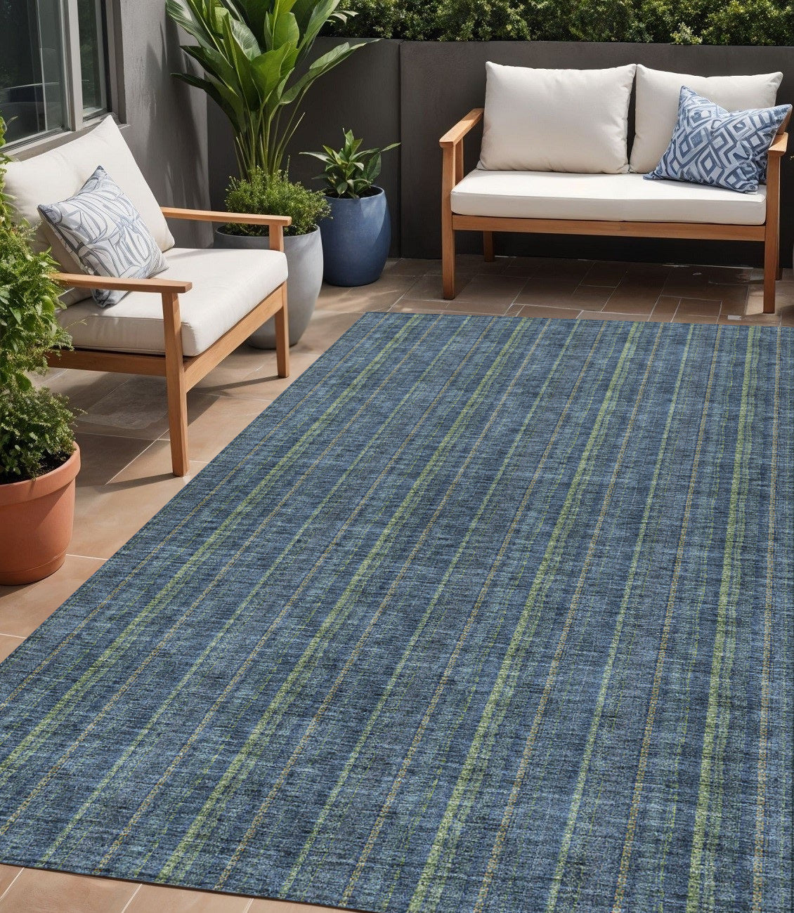 5 X 8 Blue Denim Blue And Mint Green Striped Washable Indoor Outdoor Area Rug