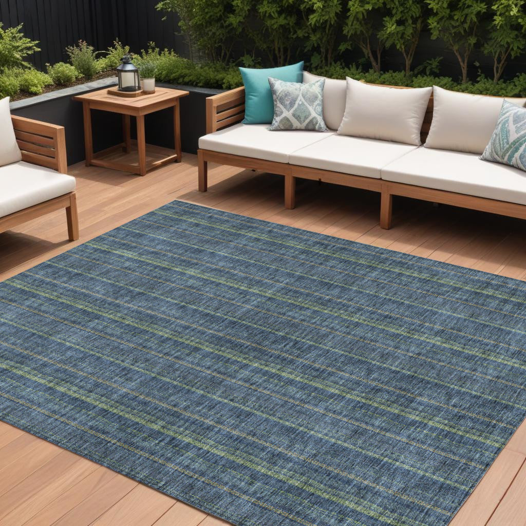 10 X 14 Blue Denim Blue And Mint Green Striped Washable Indoor Outdoor Area Rug
