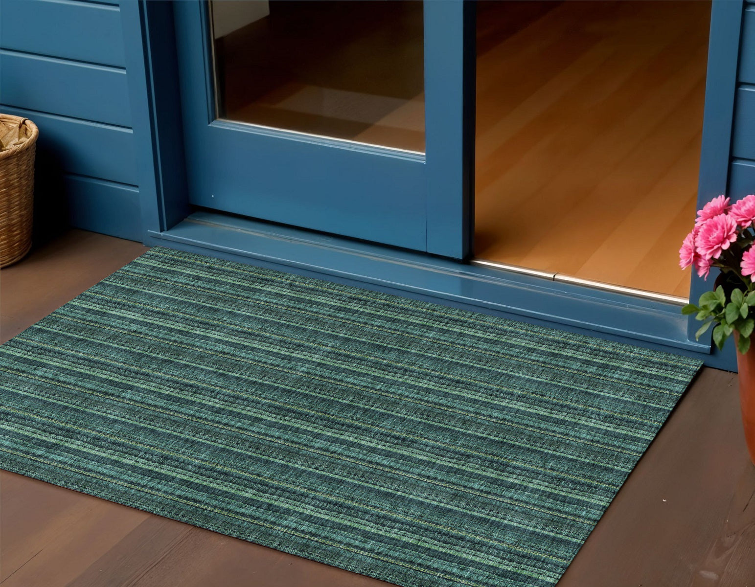 3 X 5 Teal Blue Aqua And Mint Green Striped Washable Indoor Outdoor Area Rug