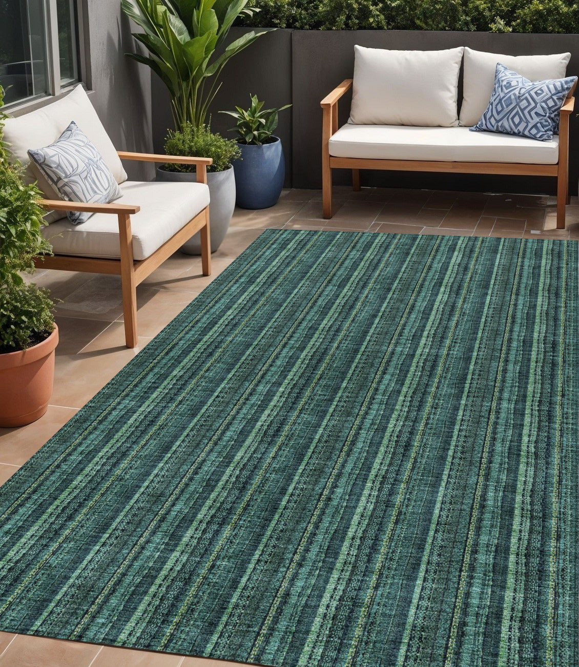 5 X 8 Teal Blue Aqua And Mint Green Striped Washable Indoor Outdoor Area Rug