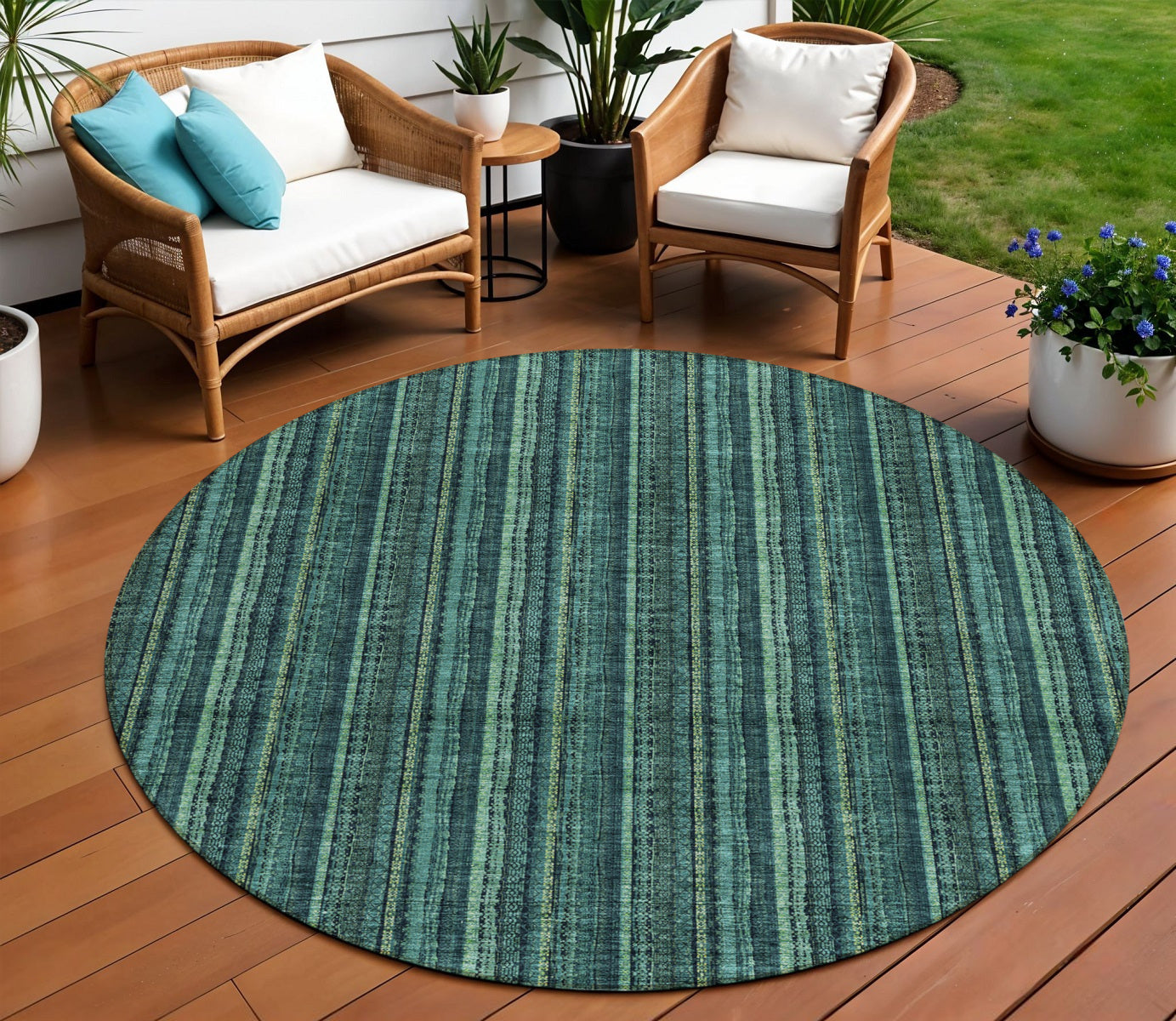 8 Teal Blue Aqua And Mint Green Round Striped Washable Indoor Outdoor Area Rug
