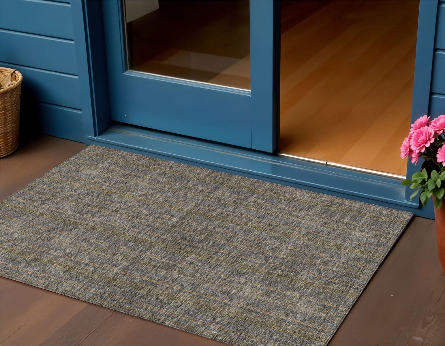 3 X 5 Taupe Denim Blue And Olive Green Striped Washable Indoor Outdoor Area Rug