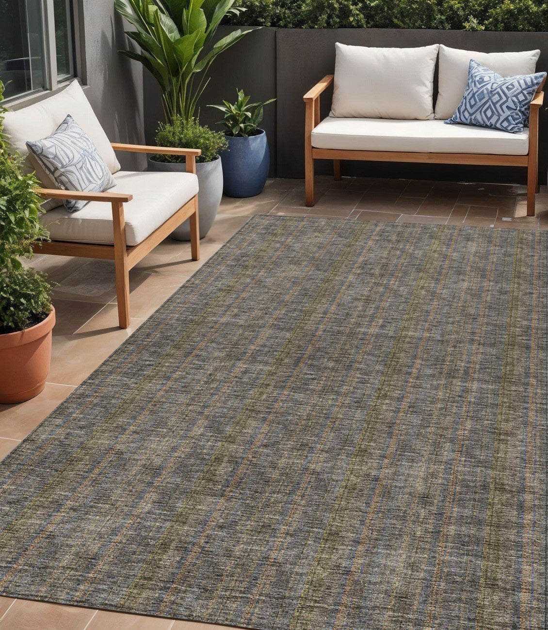 5 X 8 Taupe Denim Blue And Olive Green Striped Washable Indoor Outdoor Area Rug