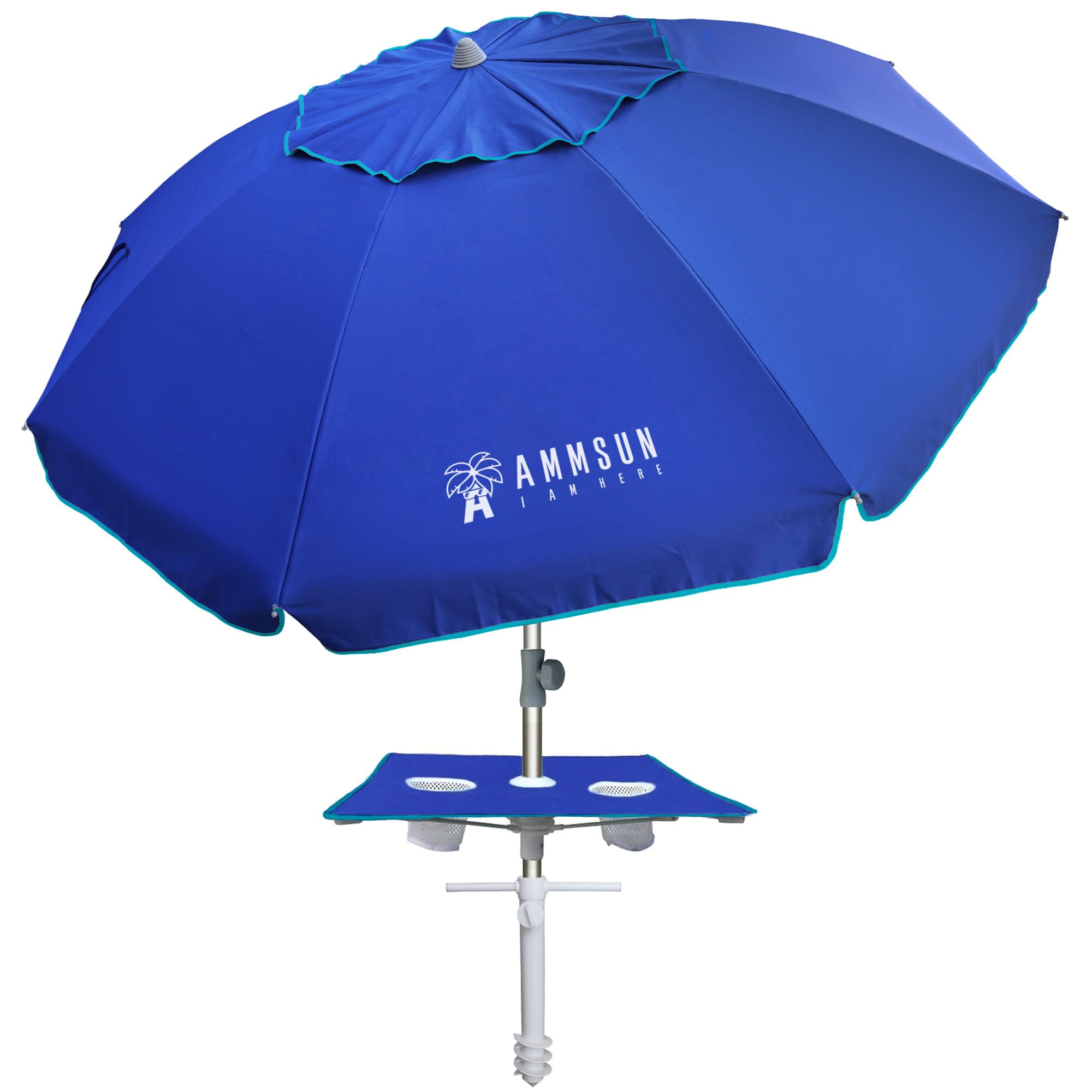 Ammsun 7Ft Heavy Duty High Wind Beach Umbrella With Sand Anchor, Built-In Table Tray & Tilt Pole, Upf 50+ Windproof Portable Out