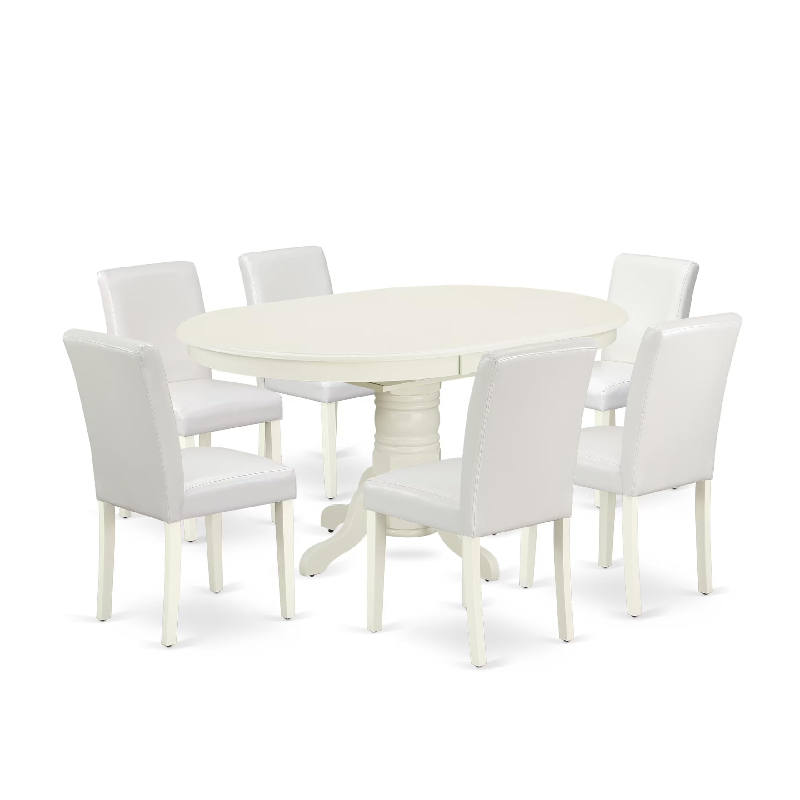 East West Furniture Avab7-Lwh-64 7 Piece Dining Room Furniture Set Consist Of An Oval Wooden Table With Butterfly Leaf And 6 White Faux Leather Parson Dining Chairs, 42X60 Inch, Linen White