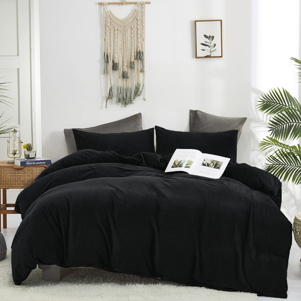 Clothknow Black Fluffy Queen Comforter Set 3Pcs Black Velvet Bedding Comforter Sets Black Queen Comforter Soft Black Queen Size