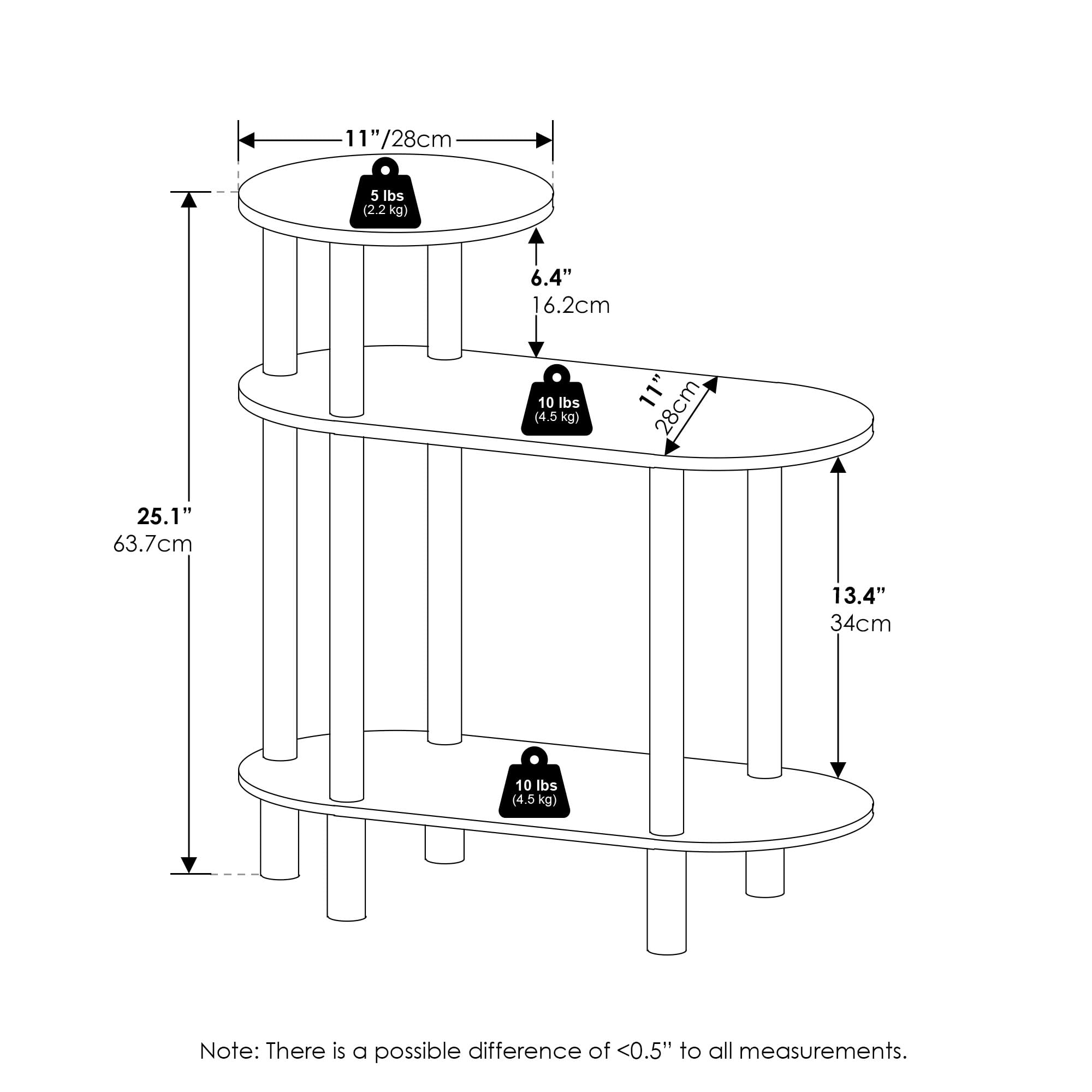 Furinno Turn-N-Tube 3-Tier Oval Sofa Side Table, End Table with Open Shelves, Espresso/Black