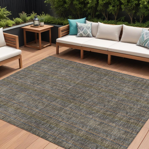 10 X 14 Taupe Denim Blue And Olive Green Striped Washable Indoor Outdoor Area Rug
