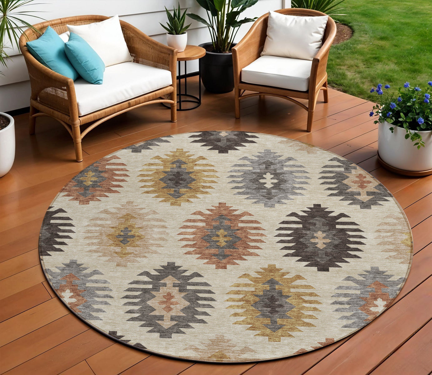 8 Beige Copper And Gray Round Southwestern Washable Indoor Outdoor Area Rug