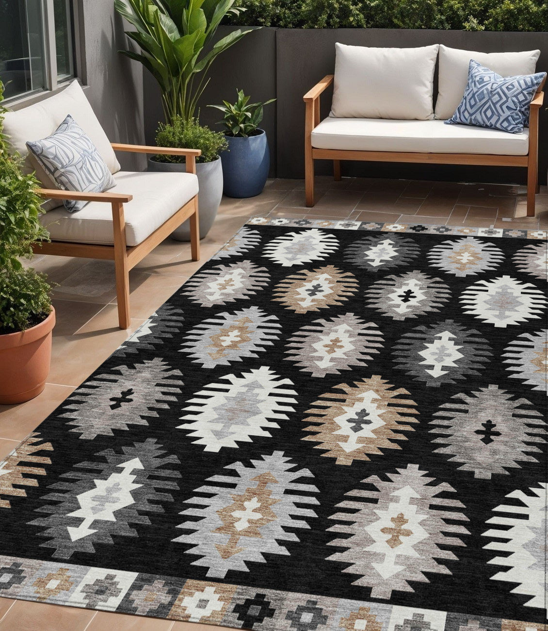 5 X 8 Black Ivory And Taupe Southwestern Washable Indoor Outdoor Area Rug