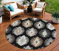 8 Black Ivory And Taupe Round Southwestern Washable Indoor Outdoor Area Rug