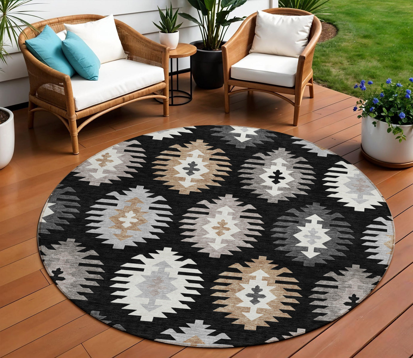 8 Black Ivory And Taupe Round Southwestern Washable Indoor Outdoor Area Rug