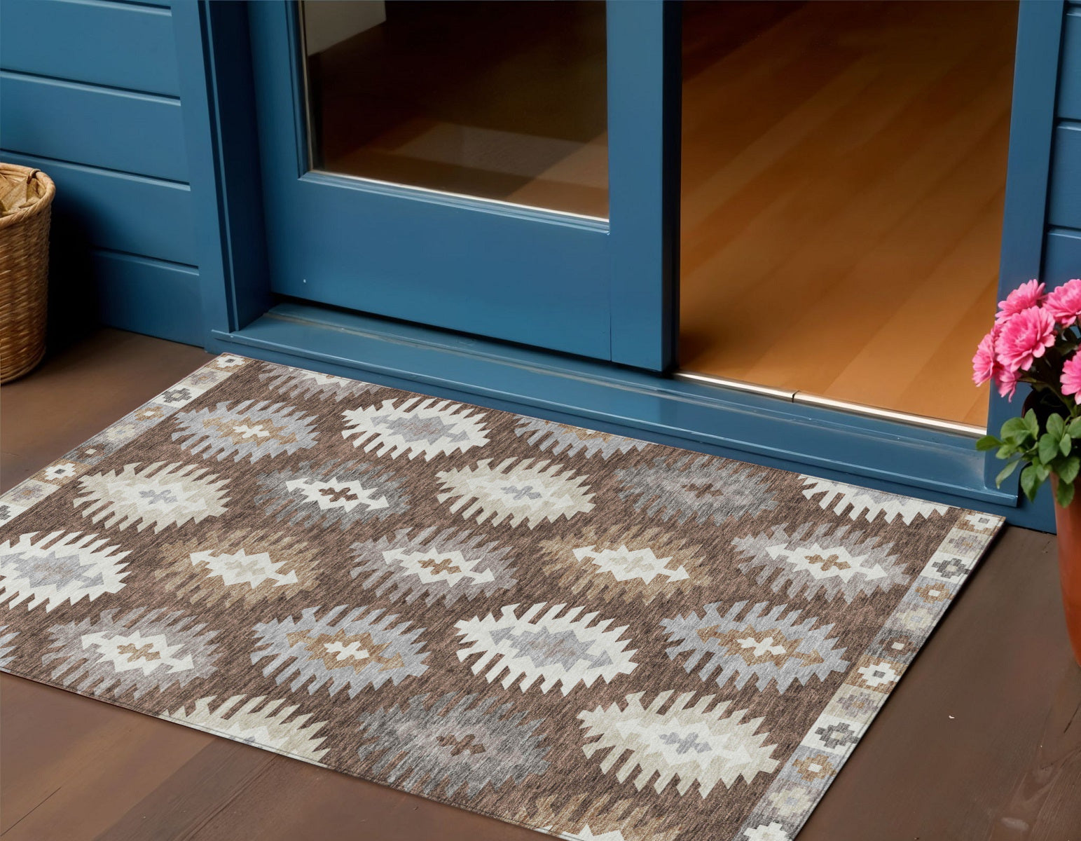 3 X 5 Brown Ivory And Taupe Southwestern Washable Indoor Outdoor Area Rug