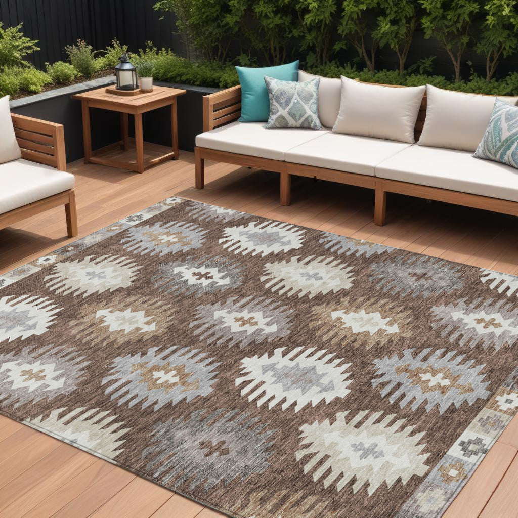 10 X 14 Brown Ivory And Taupe Southwestern Washable Indoor Outdoor Area Rug