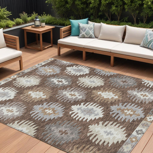 10 X 14 Brown Ivory And Taupe Southwestern Washable Indoor Outdoor Area Rug