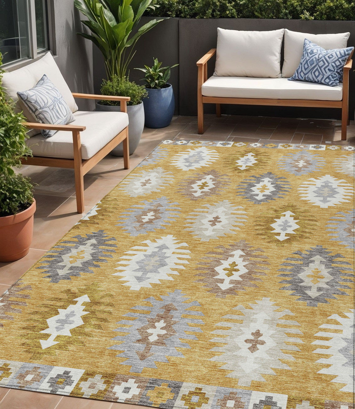 5 X 8 Gold Ivory And Taupe Southwestern Washable Indoor Outdoor Area Rug
