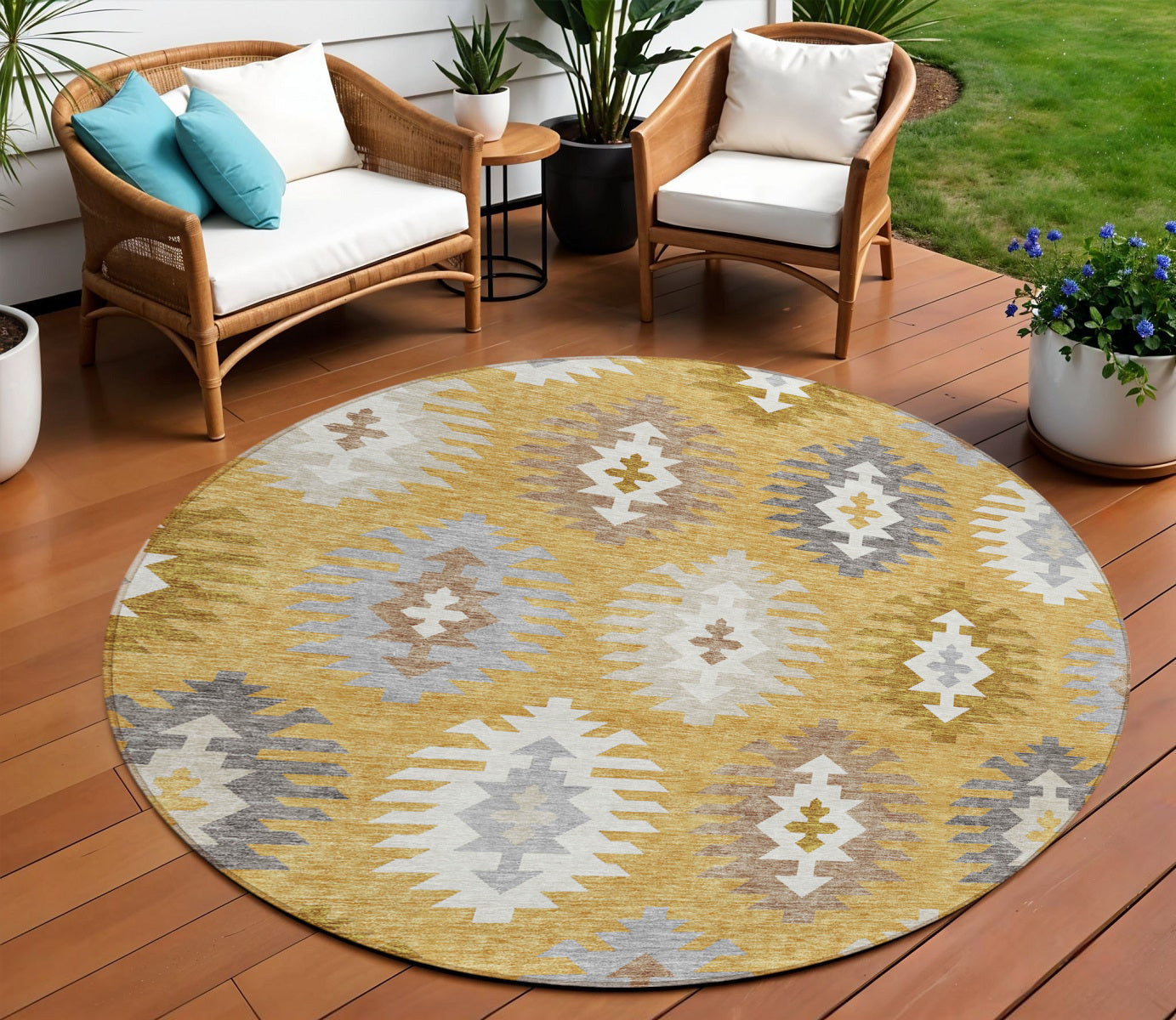 8 Gold Ivory And Taupe Round Southwestern Washable Indoor Outdoor Area Rug