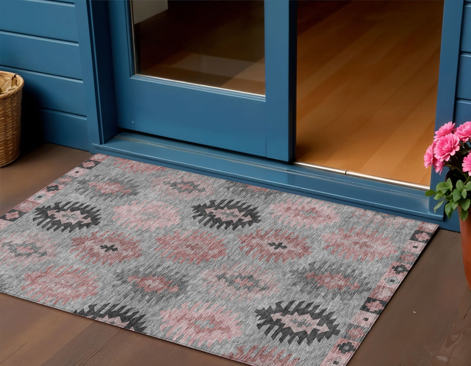 3 X 5 Gray Mauve And Charcoal Southwestern Washable Indoor Outdoor Area Rug