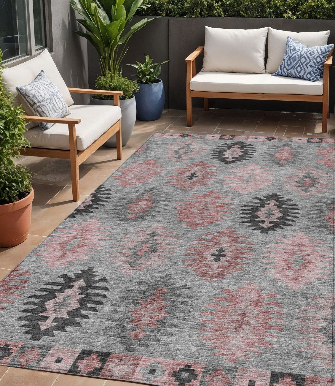5 X 8 Gray Mauve And Charcoal Southwestern Washable Indoor Outdoor Area Rug