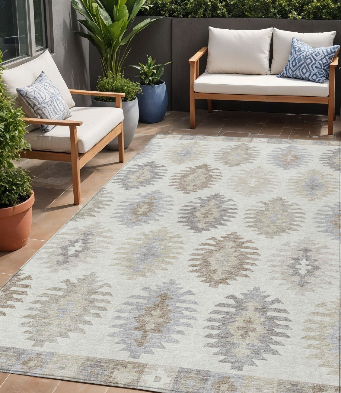 5 X 8 Ivory Khaki And Gray Southwestern Washable Indoor Outdoor Area Rug