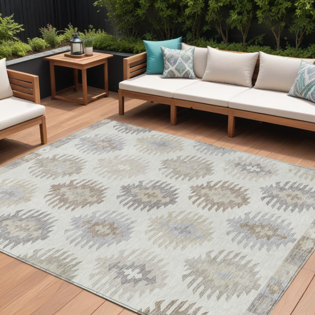 10 X 14 Ivory Khaki And Gray Southwestern Washable Indoor Outdoor Area Rug