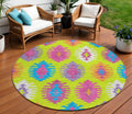 8 Lime Green Pink And Purple Round Southwestern Washable Indoor Outdoor Area Rug