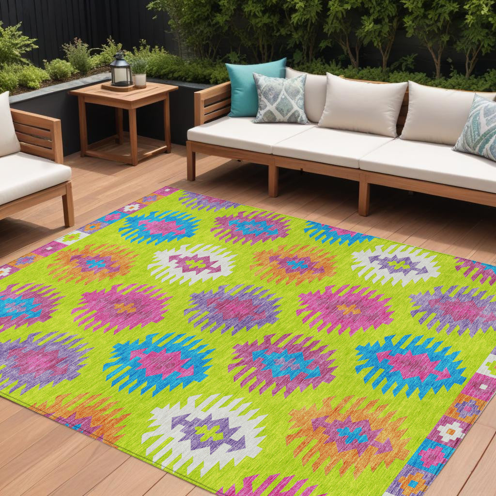9 X 12 Lime Green Pink And Purple Southwestern Washable Indoor Outdoor Area Rug