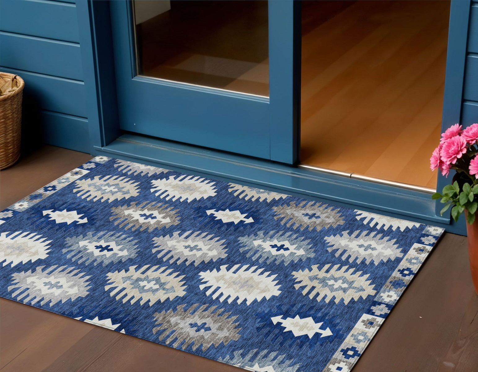 3 X 5 Navy Blue Ivory And Gray Southwestern Washable Indoor Outdoor Area Rug