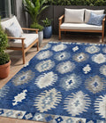 5 X 8 Navy Blue Ivory And Gray Southwestern Washable Indoor Outdoor Area Rug