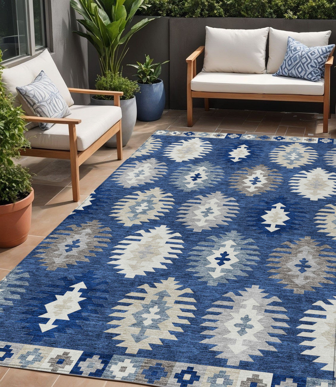 5 X 8 Navy Blue Ivory And Gray Southwestern Washable Indoor Outdoor Area Rug